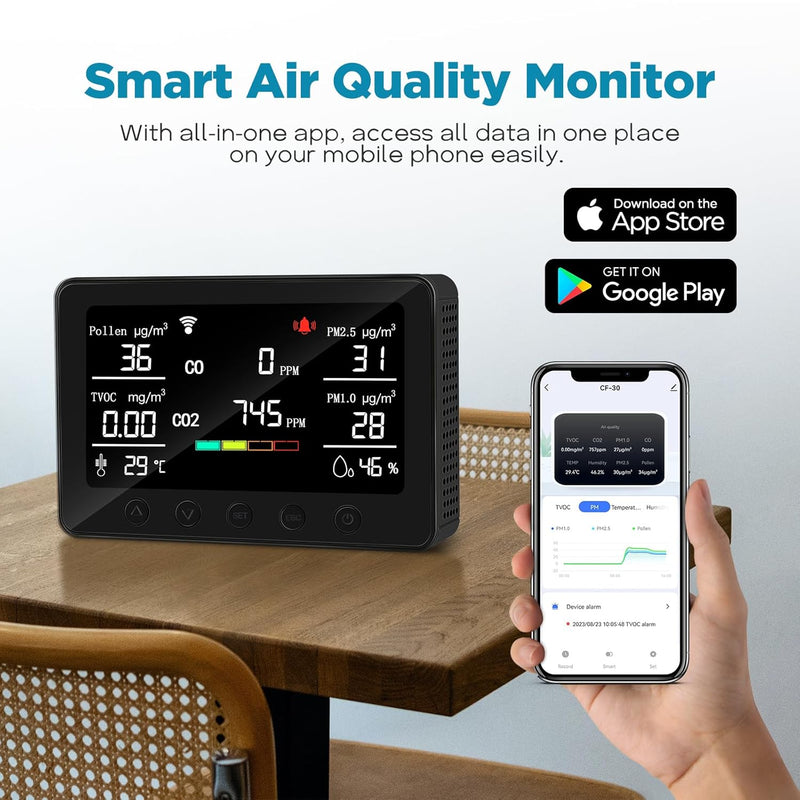 CF-30 Luftqualitätsmonitor, Luftverschmutzungsmonitor zur Erkennung von Pollen-CO2, PM2,5, PM1,0, TVOC