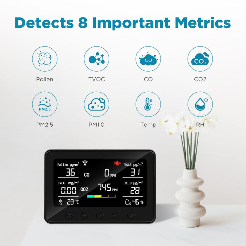 CF-30 Luftqualitätsmonitor, Luftverschmutzungsmonitor zur Erkennung von Pollen-CO2, PM2,5, PM1,0, TVOC