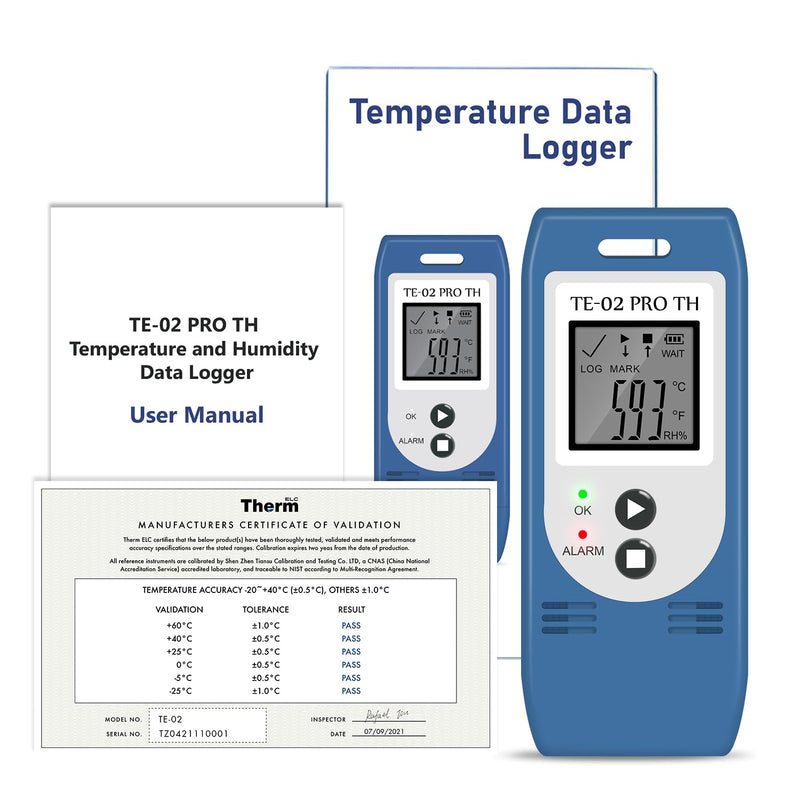 ThermElc TE-02 Pro TH Temperature Humidity Logger with Auto CSV & PDF Reports