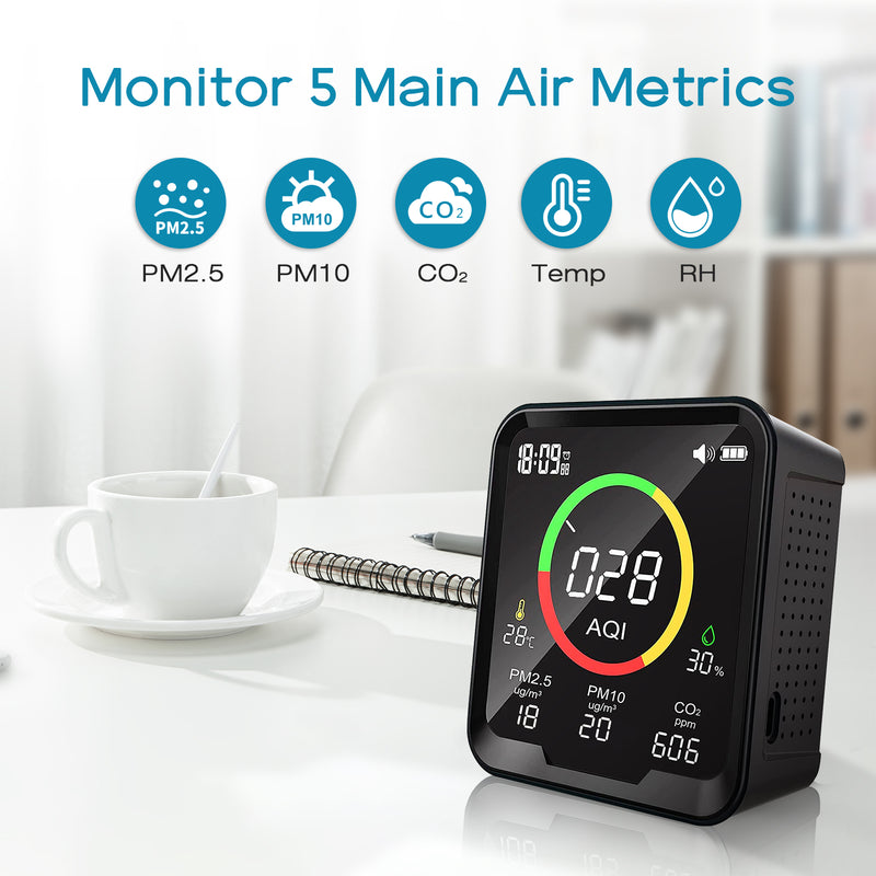 CF-9A Tragbarer Luftqualitätsmonitor für AQI, PM2.5, PM10, CO2, Temperatur und Luftfeuchtigkeit, mit akustischem Alarm