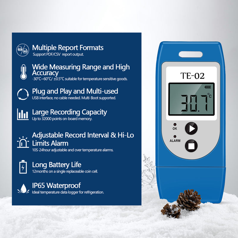 ThermElc TE-02 PRO Wiederverwendbarer USB-Temperatur-Datenlogger mit 32000 Punkten Lichtalarm (5 Packungen)