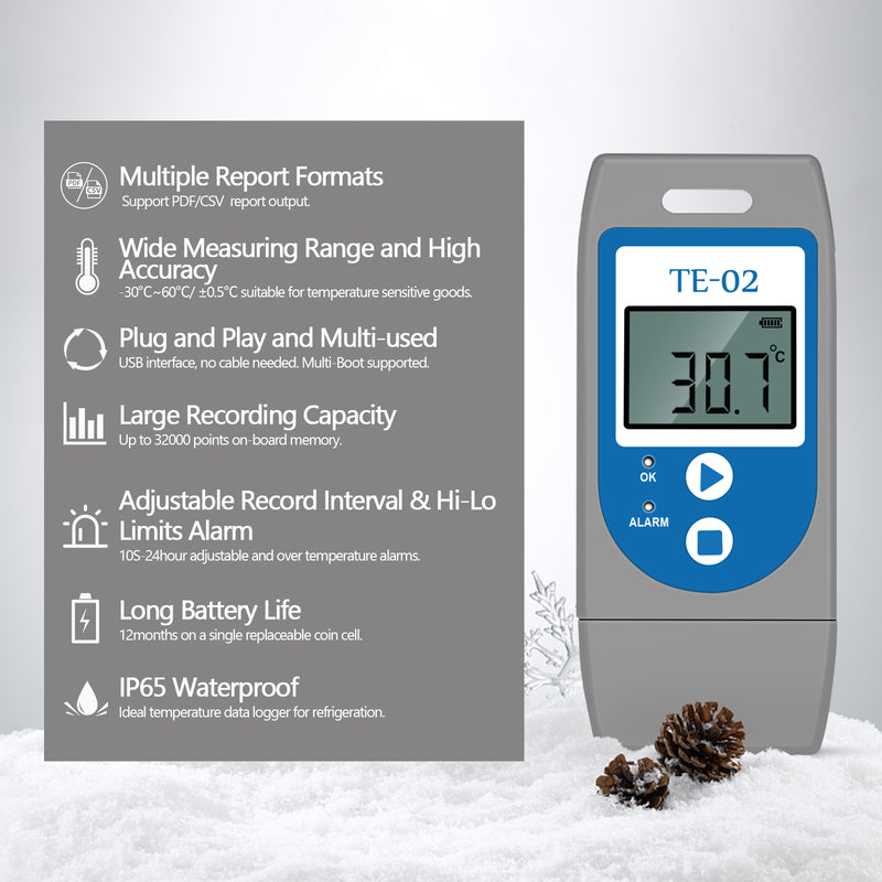 ThermElc TE-02 10PCS Temperatur Datenlogger Wiederverwendbar mit Auto PDF Bericht -30°C ~+60°C