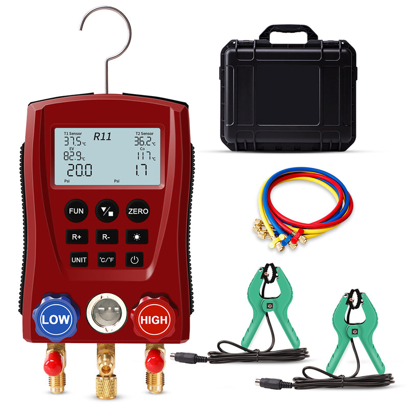 Aprvtio AMF-200 Manifold Refrigerant Gauge with Hoses and 2 Wired Temperature Clamp Probes