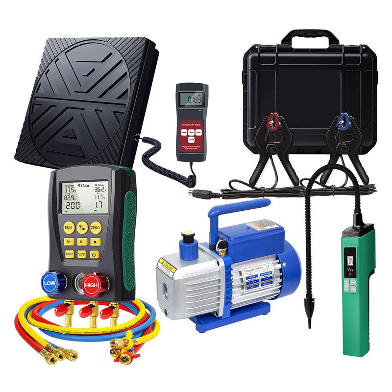 Aprvtio AHTS-20 Professional HVAC Tool Set with Digital Manifold with Horse, Temperature Clamps, Refrigerant Leak Detector,  Dual Stage 4.5CFM Vacuum Pump, Refrigerant Scale