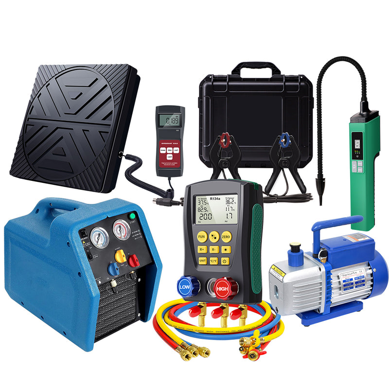 Aprvtio AHTS-200 Professional HVAC Tool Set with Digital Manifold with Horse, Temperature Clamps, Refrigerant Leak Detector, Recovery Machine, Dual Stage 4.5CFM Vacuum Pump, Refrigerant Scale