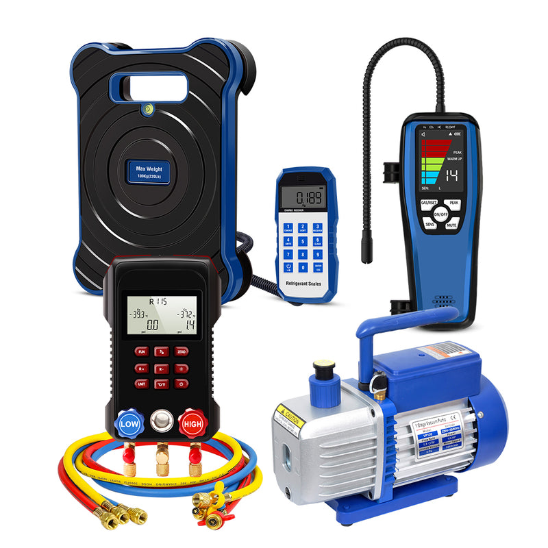 Aprvtio AHTS-30 Air Conditioning Service Tool Set with Digital Manifold with Horse, Temperature Clamps, ALD-200 Refrigerant Leak Detector, Dual Stage 4.8 CFM Vacuum Pump, Refrigerant Scale with Bubble Level