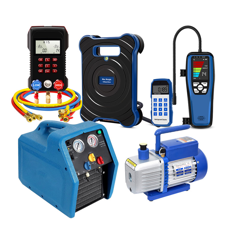 Aprvtio AHTS-300 Air Conditioning Service Tool Set with Digital Manifold with Horse, Temperature Clamps, ALD-200 Refrigerant Leak Detector, Recovery Machine, Dual Stage 4.8 CFM Vacuum Pump, Refrigerant Scale with Bubble Level