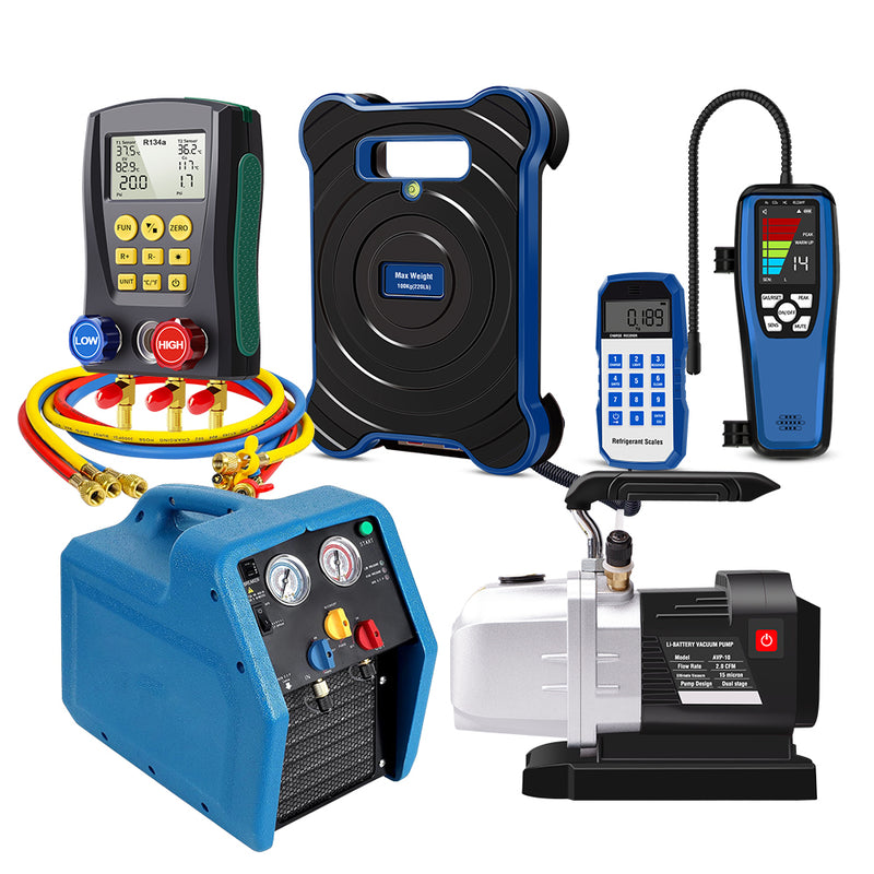 Aprvtio AHTS-200S Complete HVAC Equipment Set with Digital Manifold with Horse, Temperature Clamps, ALD-200 Refrigerant Leak Detector, Recovery Machine,  6CFM Cordless Battery Driven Vacuum Pump, Refrigerant Scale with Bubble Level