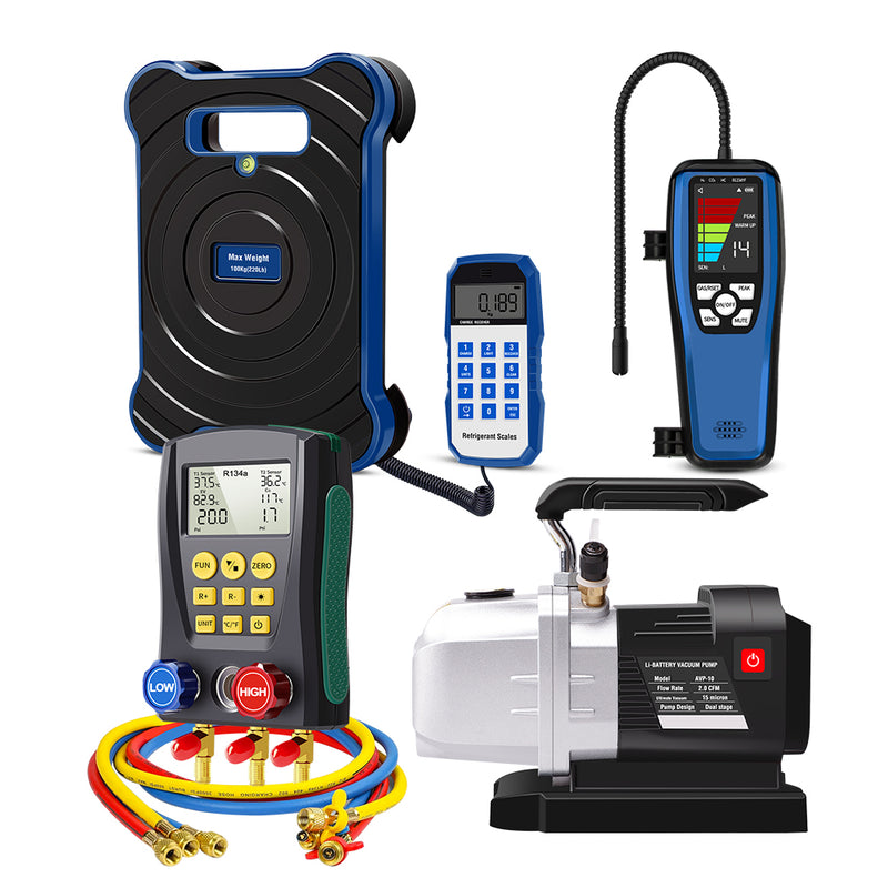 Aprvtio AHTS-20S Complete HVAC Equipment Set with Digital Manifold with Horse, Temperature Clamps, ALD-200 Refrigerant Leak Detector, 6CFM Cordless Battery Driven Vacuum Pump, Refrigerant Scale with Bubble Level