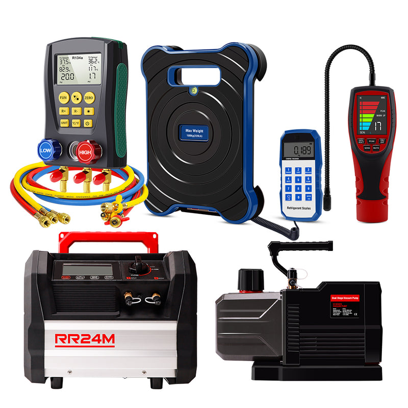 Aprvtio AHTS-200 PRO Portable HVAC Tool Kit with Digital Manifold with Horse, Temperature Clamps, ALD-200 PRO Refrigerant Leak Detector, Recovery Machine, Dual Stage DC 10CFM Vacuum Pump, Refrigerant Scale with Bubble Level