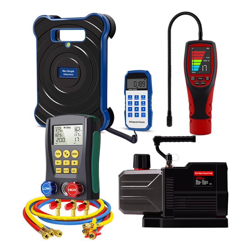Aprvtio AHTS-20 PRO Portable HVAC Tool Kit with Digital Manifold with Horse, Temperature Clamps, ALD-200 PRO Refrigerant Leak Detector, Dual Stage DC 10CFM Vacuum Pump, Refrigerant Scale with Bubble Level
