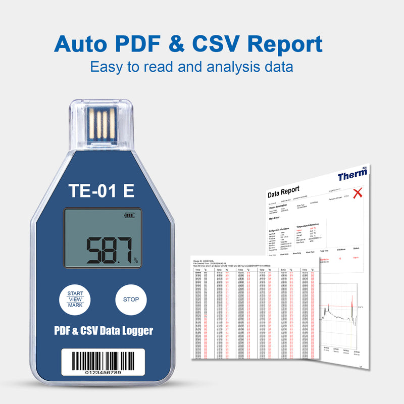 ThermElc TE-01 E Single-use Temperature Recorder Data Logger PDF and CSV Report