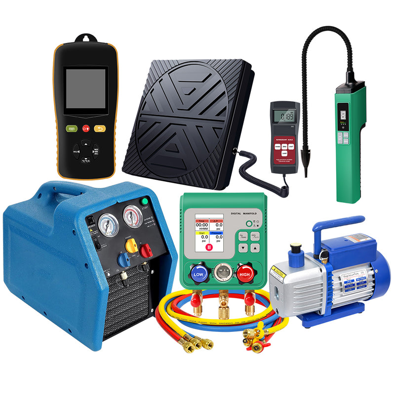 Aprvtio AHTS-100 Complete HVAC Tool Kit with Digital Manifold, K-type Thermometer, Refrigerant Leak Detector, Recovery Machine, Daul Stage 4.5CFM Vacuum Pump, Refrigerant Scale