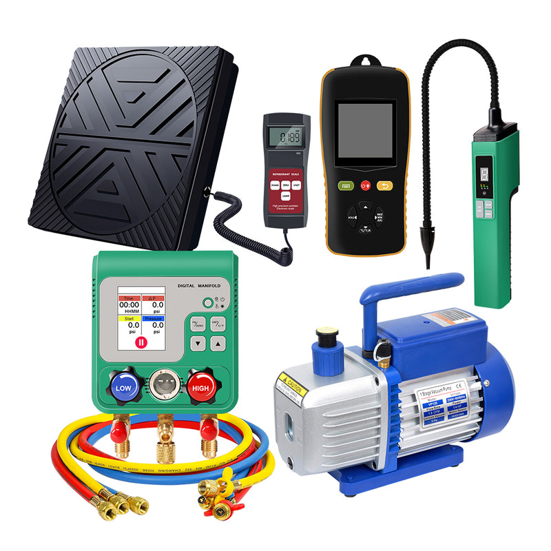 Aprvtio AHTS-10 Complete HVAC Tool Kit with Digital Manifold, K-type Thermometer, Refrigerant Leak Detector, Daul Stage 4.5CFM Vacuum Pump, Refrigerant Scale