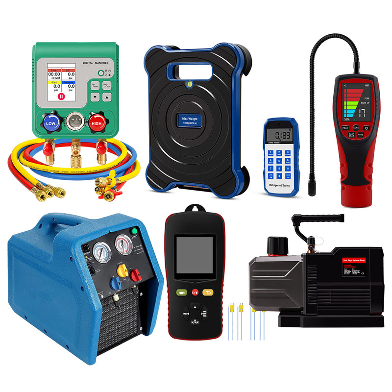 Aprvtio AHTS-100PRO DC 12CFM HVAC Repair Tool Set with Digital Manifold, K-type Thermometer, Refrigerant Leak Detector, Dual Stage DC 12CFM Vacuum Pump, Bluetooth Refrigerant Scale with Bubble Level