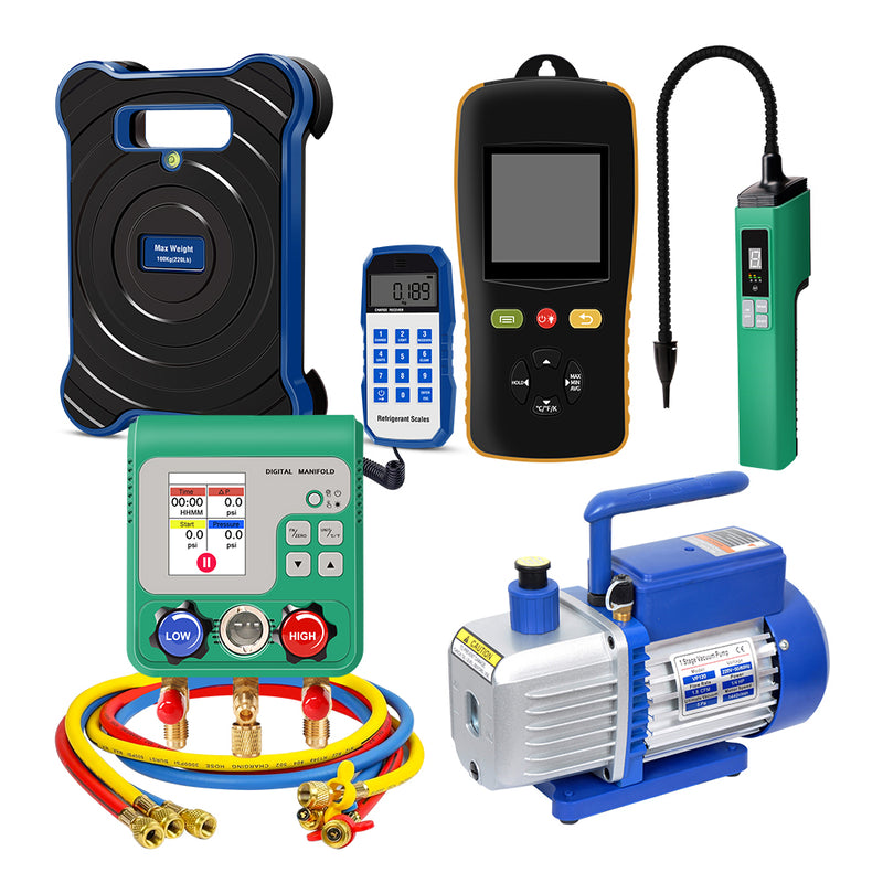 Aprvtio AHTS-10S HVAC Repair Tool Set with Digital Manifold, K-type Thermometer, Refrigerant Leak Detector, Dual Stage 4.5CFM Vacuum Pump, Refrigerant Scale with Bubble Level