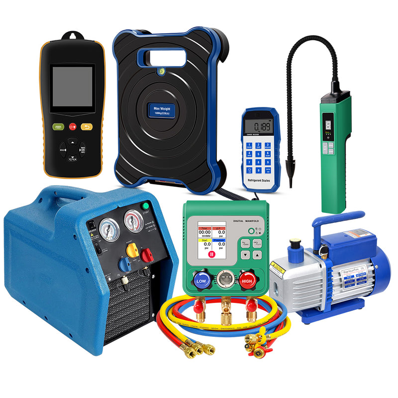Aprvtio AHTS-100S HVAC Repair Tool Set with Digital Manifold, K-type Thermometer, Refrigerant Leak Detector, Recovery Machine, Dual Stage 4.5CFM Vacuum Pump, Refrigerant Scale with Bubble Level