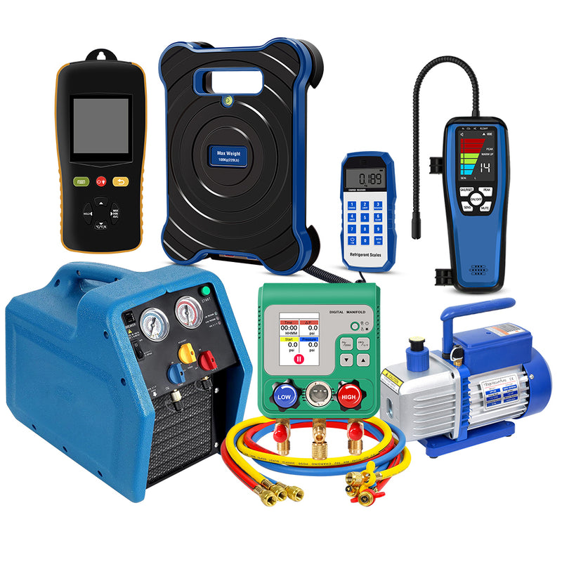 Aprvtio AHTS-100 PRO HVAC Diagnostic Tool Kit with Digital Manifold, K-type Thermometer, ALD-200 Refrigerant Leak Detector, Recovery Machine, Dual Stage 6 CFM Vacuum Pump, Refrigerant Scale with Bubble Level
