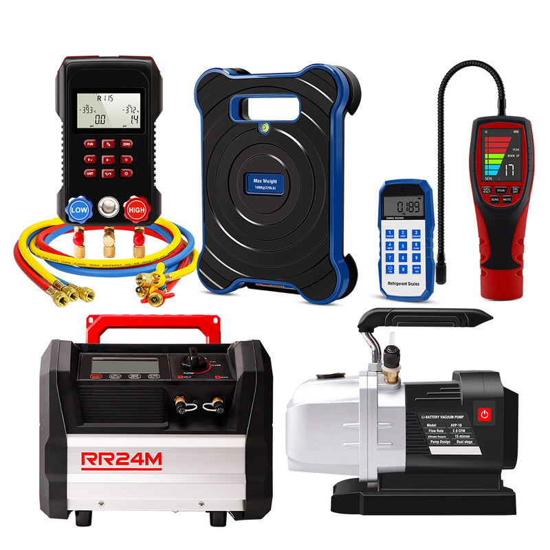 Aprvtio AHTS-300S HVAC System Recovery and Repair Tools with Digital Manifold, Temperature Clamps, Refrigerant Leak Detector, DC Brushless Recovery Machine, Dual Stage 6 CFM Cordless Battery Driven Vacuum Pump, Bluetooth Refrigerant Scale