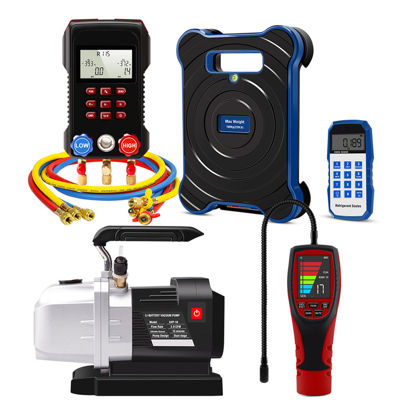 Aprvtio AHTS-30S HVAC System Recovery and Repair Tools with Digital Manifold, Temperature Clamps, Refrigerant Leak Detector, Dual Stage 6 CFM Cordless Battery Driven Vacuum Pump, Bluetooth Refrigerant Scale