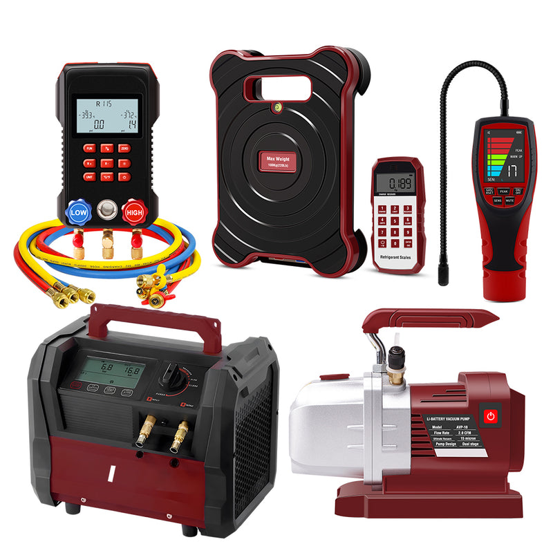 Aprvtio AHTS-300S HVAC System Recovery and Repair Tools with Digital Manifold, Temperature Clamps, Refrigerant Leak Detector, DC Brushless Recovery Machine, Dual Stage 6 CFM Cordless Battery Driven Vacuum Pump, Bluetooth Refrigerant Scale