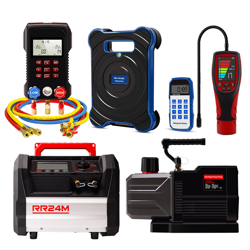 Aprvtio AHTS-300 PRO HVAC Tools for System Maintenance with Digital Manifold, Temperature Clamps, Infrared Refrigerant Leak Detector, DC Brushless Recovery Machine, Dual Stage 10 CFM Cordless Battery Driven Vacuum Pump, Bluetooth Refrigerant Scale