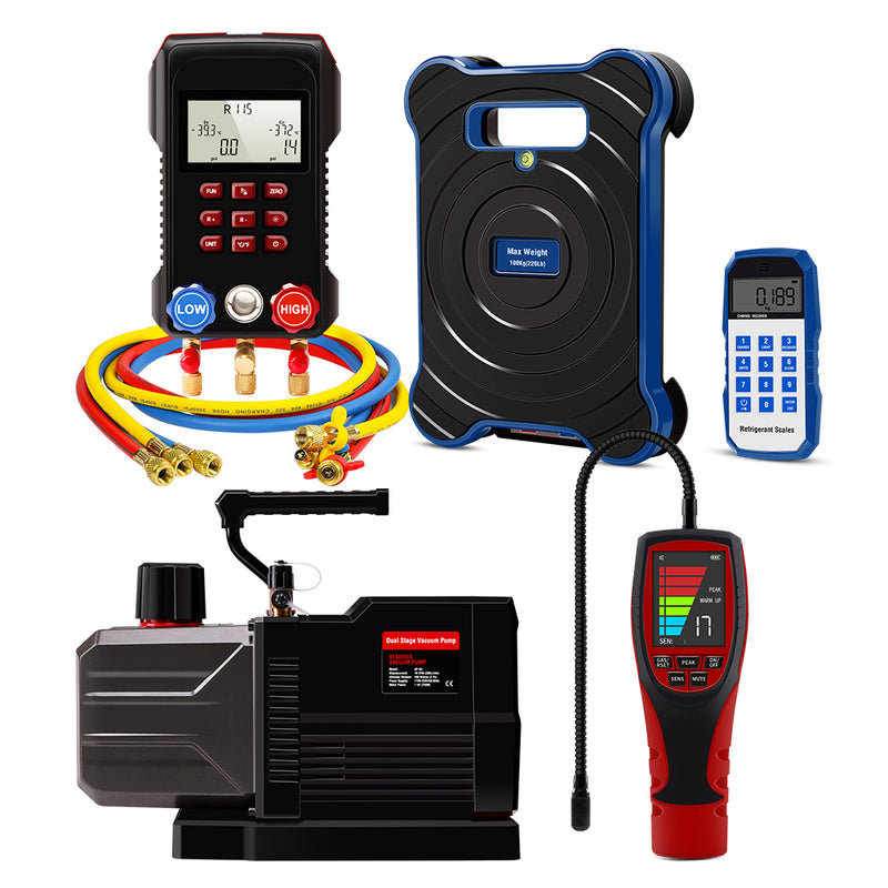 Aprvtio AHTS-30 PRO HVAC Tools for System Maintenance with Digital Manifold, Temperature Clamps, Infrared Refrigerant Leak Detector, Dual Stage 10 CFM Cordless Battery Driven Vacuum Pump, Bluetooth Refrigerant Scale