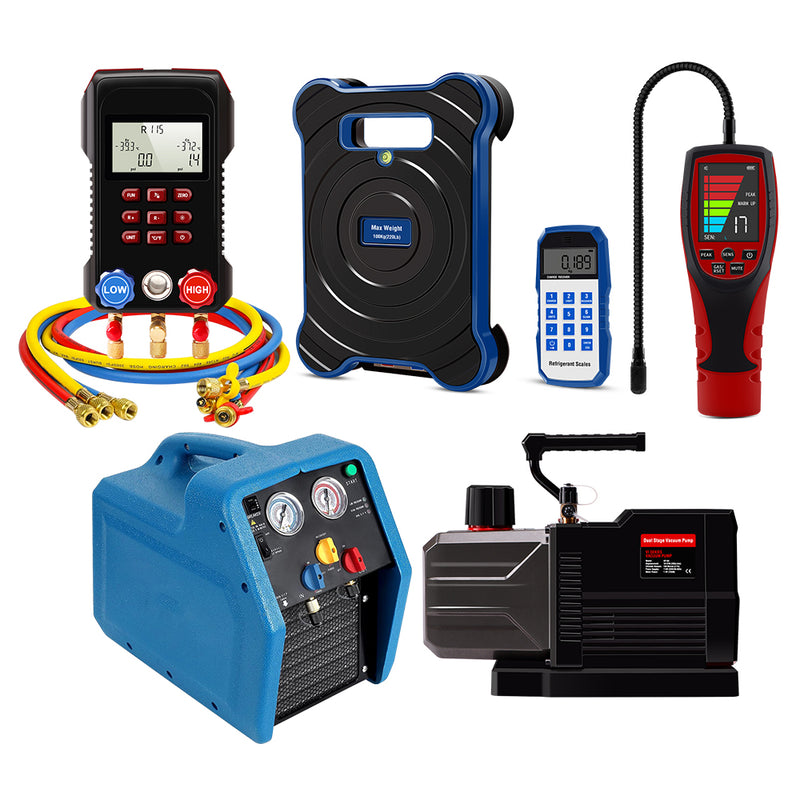 Aprvtio AHTS-200PRO DC HVAC System Recovery and Repair Tools with Digital Manifold, Temperature Clamps, Refrigerant Leak Detector,  Recovery Machine, Dual Stage DC Brushless 12 CFM Vacuum Pump, Bluetooth Refrigerant Scale