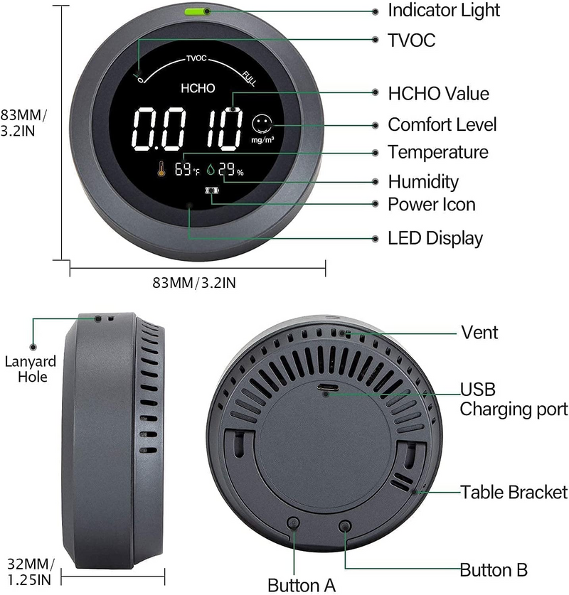 CF-2 Indoor Air Quality Monitor, for HCHO AQI,TVOC,Temperature, and Humidity