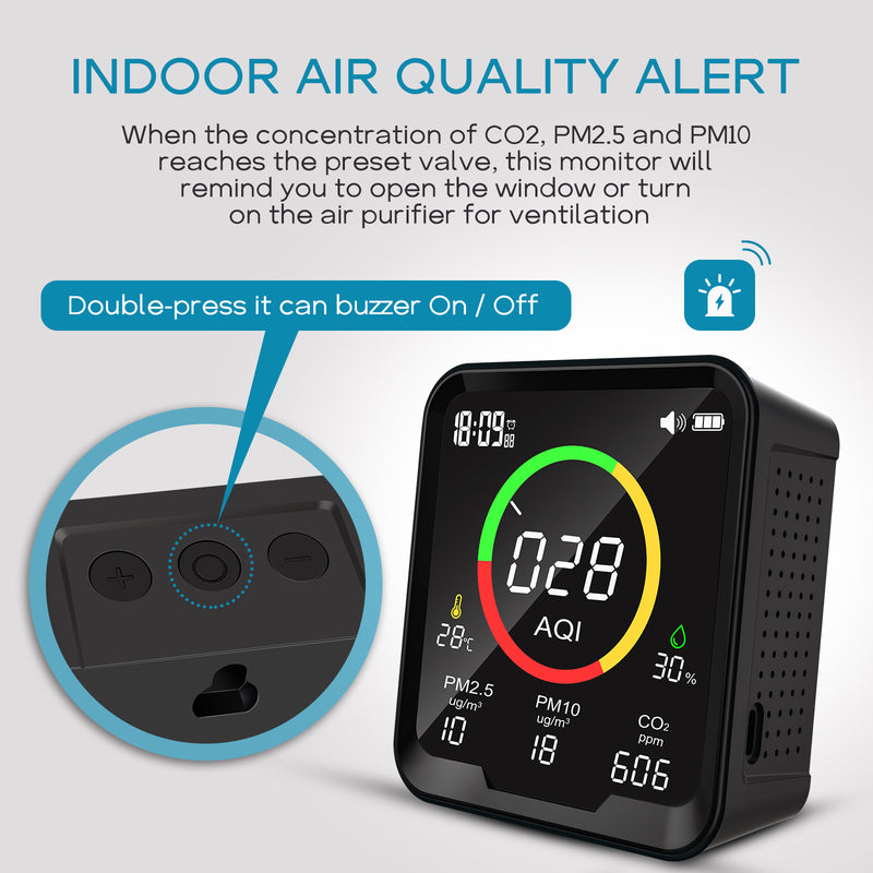 CF-9A Portable Air Quality Monitor For AQI, PM2.5, PM10, CO2, Temp and Humidity,With Buzzer Alarm